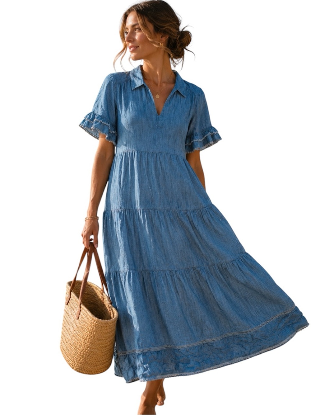 Chico’s Faux Denim Tiered Maxi Shirt Dress Size 10 Blue Pockets Coastal Momcore